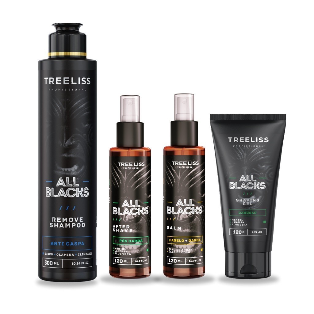 Kit All Black Masculino Barba e Cabelo Cuidados Treeliss