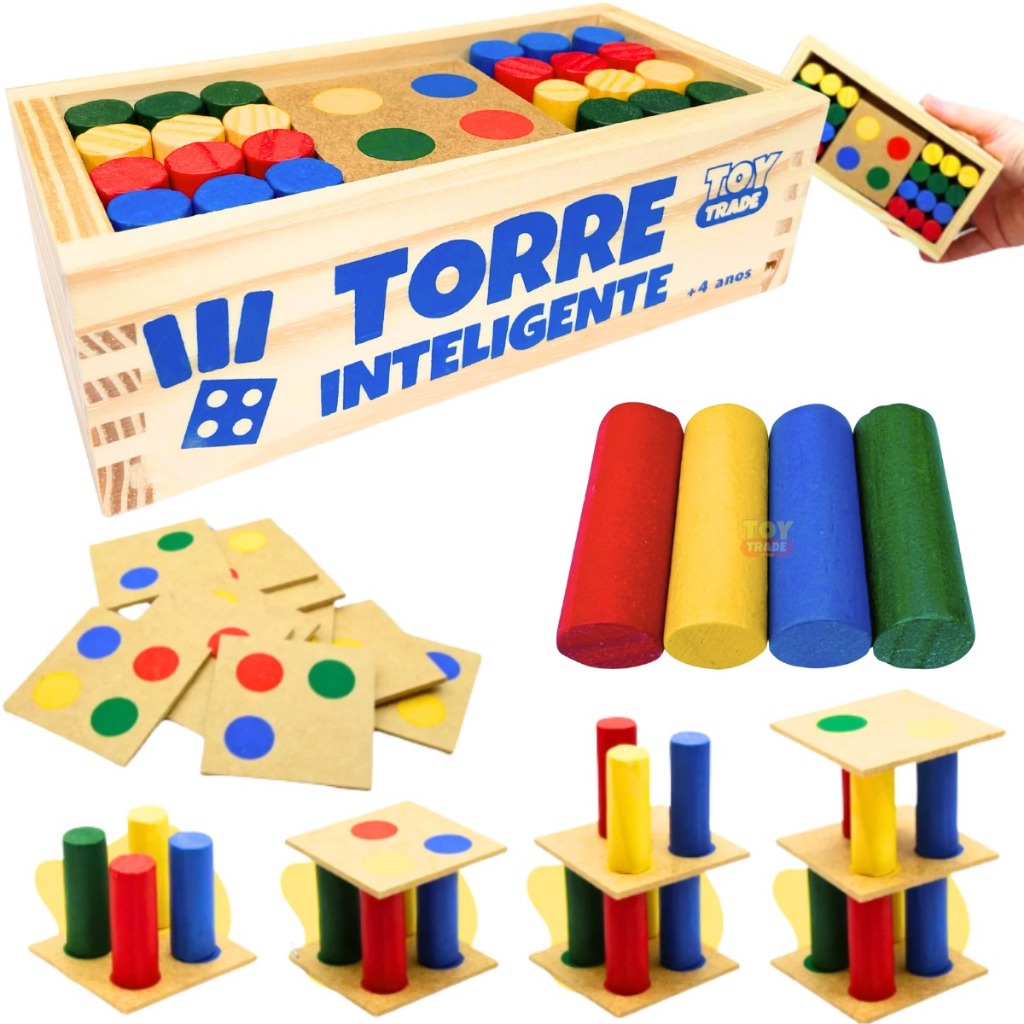 Torre Inteligente Colorida Educativa em Madeira 34 peças  Jogo Pedagógico Interativo Premium