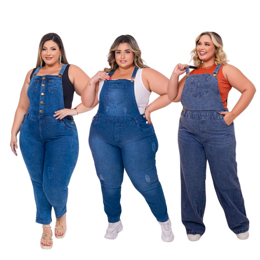 Jardineira Calça Macacão Jeans Plus Size Feminina com Lycra Alça