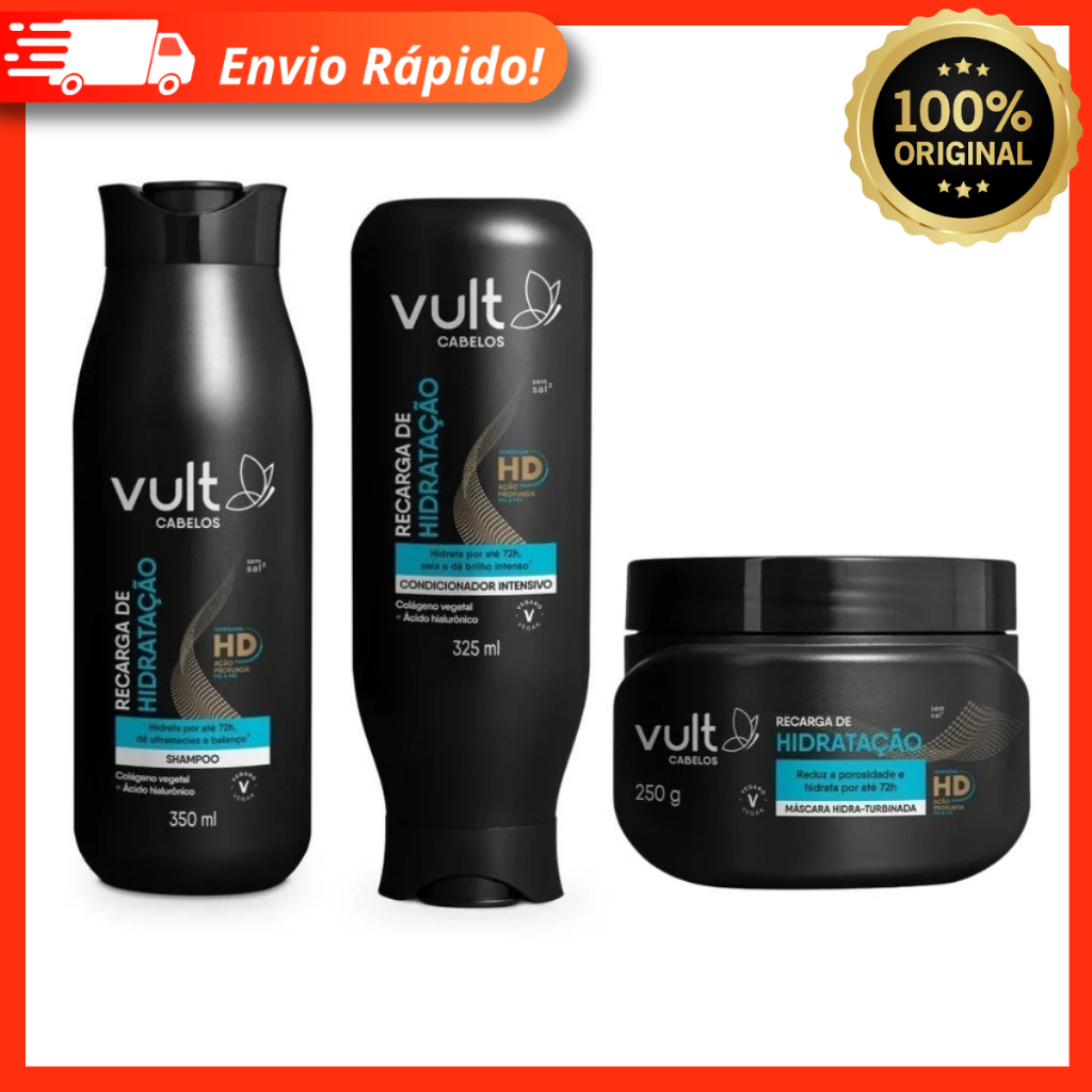 Combo Kit Vult Cabelos Recarga de Hidratação: Shampoo + Condicionador + Máscara