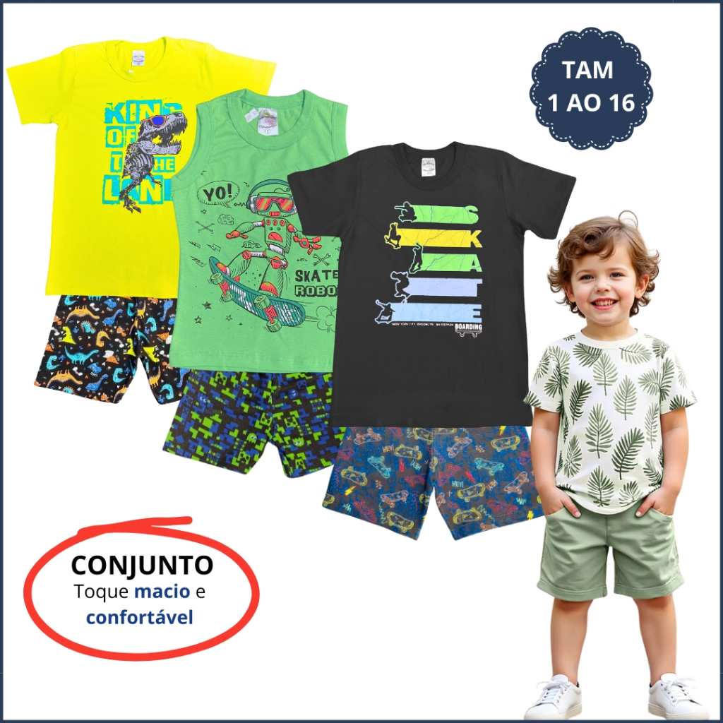 Kit 6 Peças Roupas Infantis Masculino Verão Conjunto Menino Confortável 3 Camiseta 3 Bermuda 1 ao 16