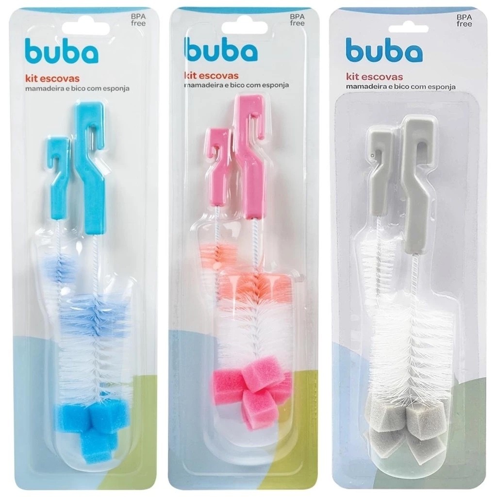Escova De Mamadeira E Bico Com Esponja Buba Bebê Baby Para Lavar Copo Limpeza Kit com 2 Unidades