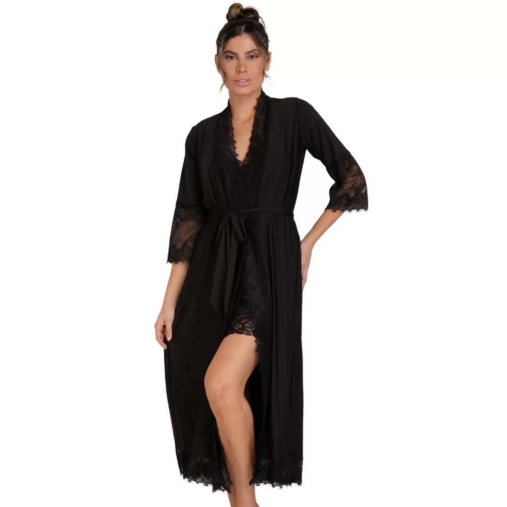 Robe Feminino Midi Elegante Amarração Roupão Renda Luxo