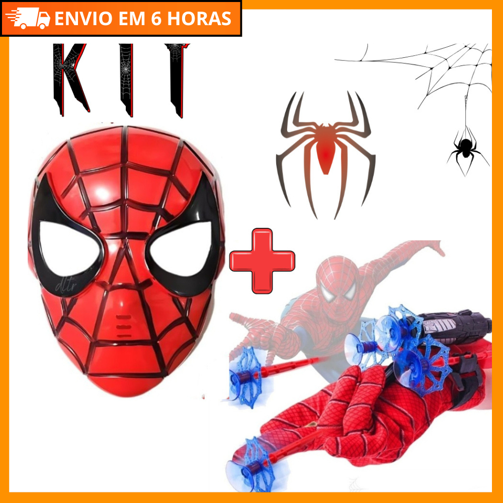 Kit Luva Lança Teia + Máscara Super Herói  Brinquedo Infantil Crianças Fantasia de Aventura e Divers