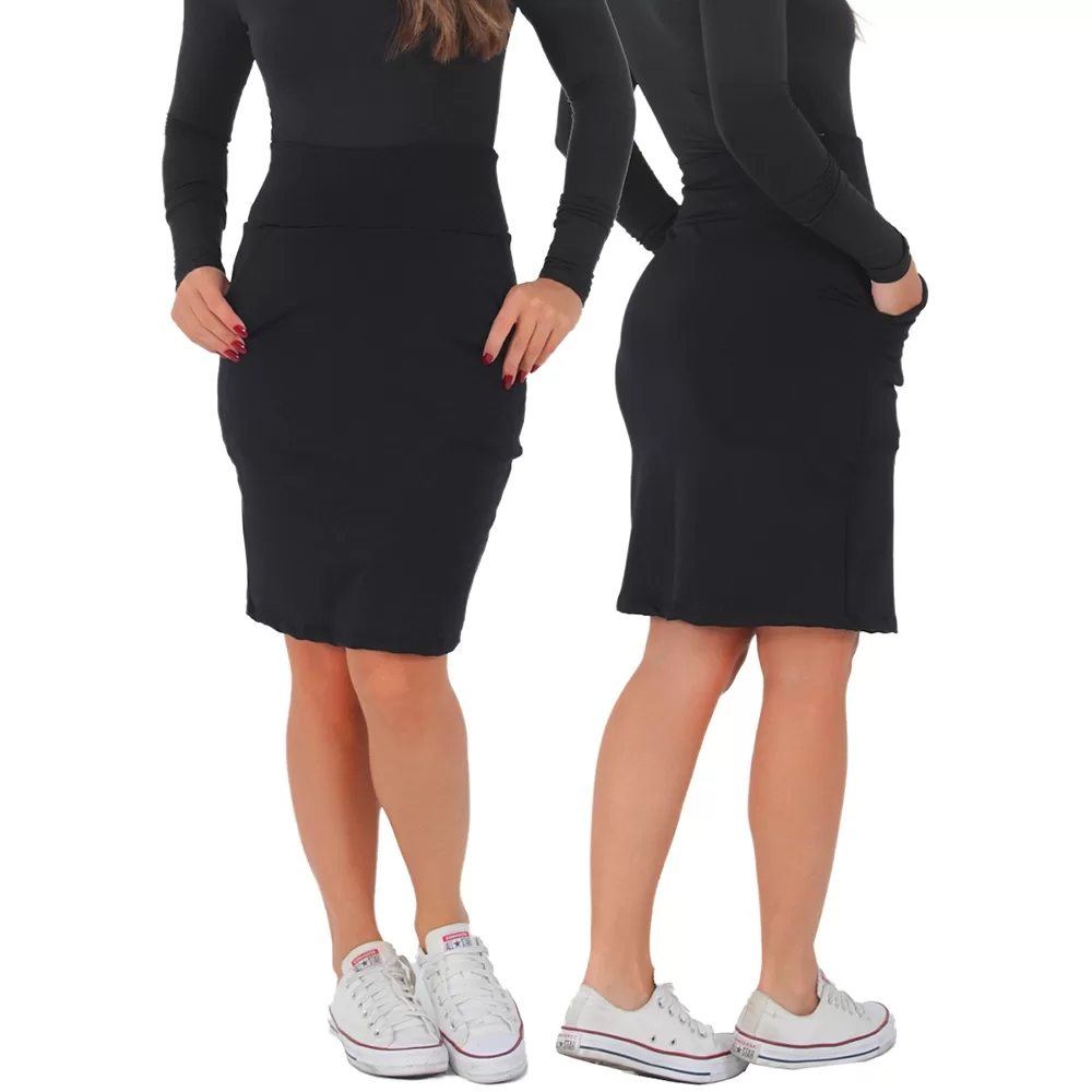 Saia Feminina Secretária Com Bolsos Midi Moda Feminina