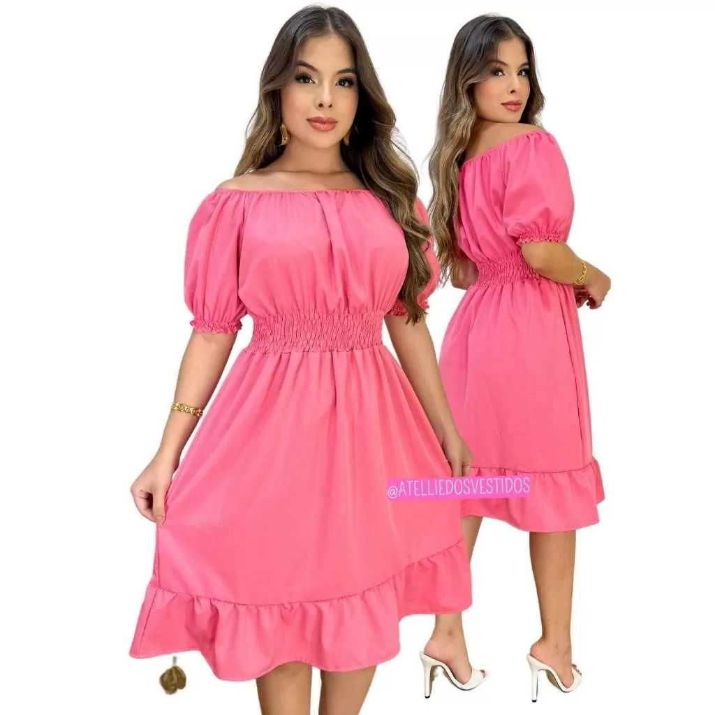Vestido ROSA feminino rodado ombro a ombro uso dia a dia levinho latex casual delicado moda blogueir
