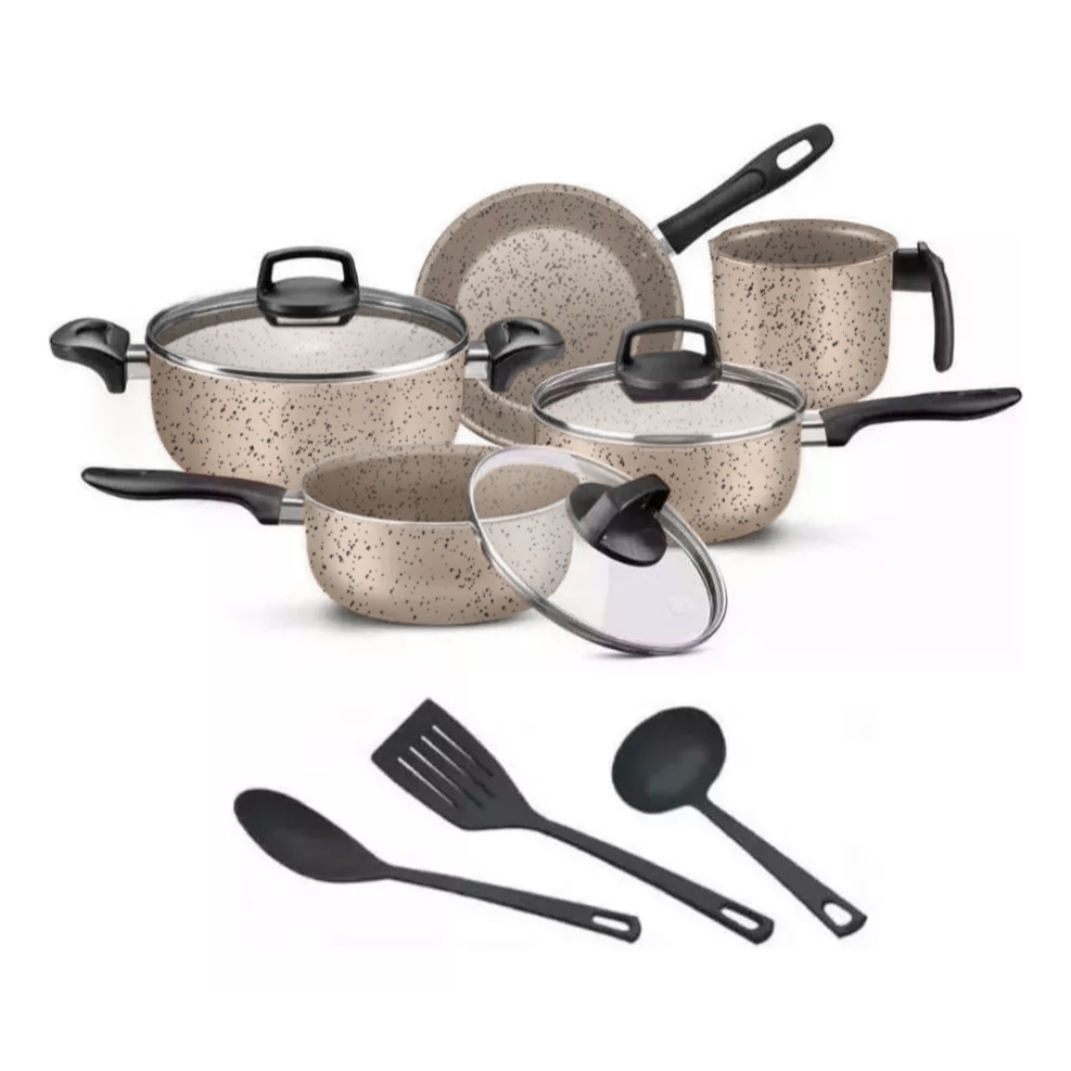 Jogo De Panelas 8 Peças Teflon Antiaderente Frigideira Caçarola Fervedor Talheres Tampa De Vidro