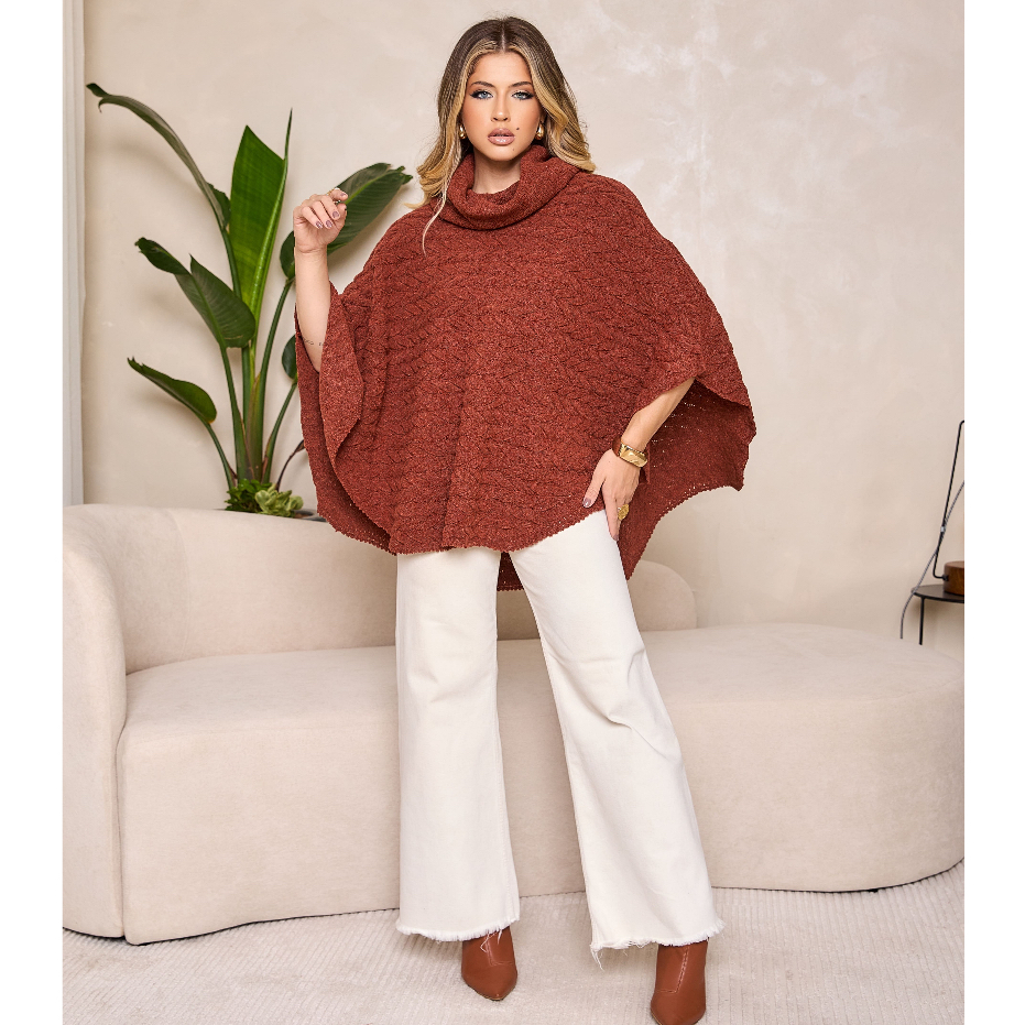 Poncho Feminino Tricô Mousse Textura Trançada Gola Alta Amplo Elegante Outono Inverno