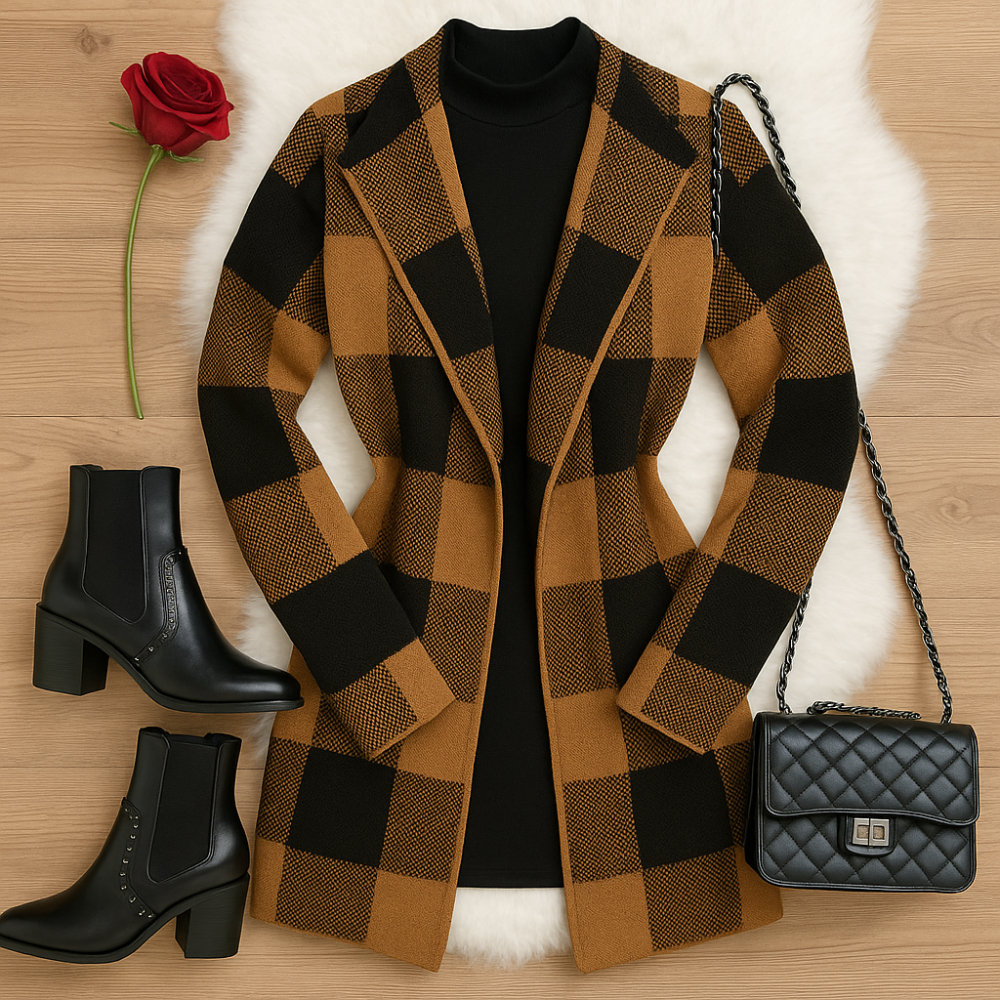 Sobretudo Kimono Xadrez Tricot Grosso Inverno