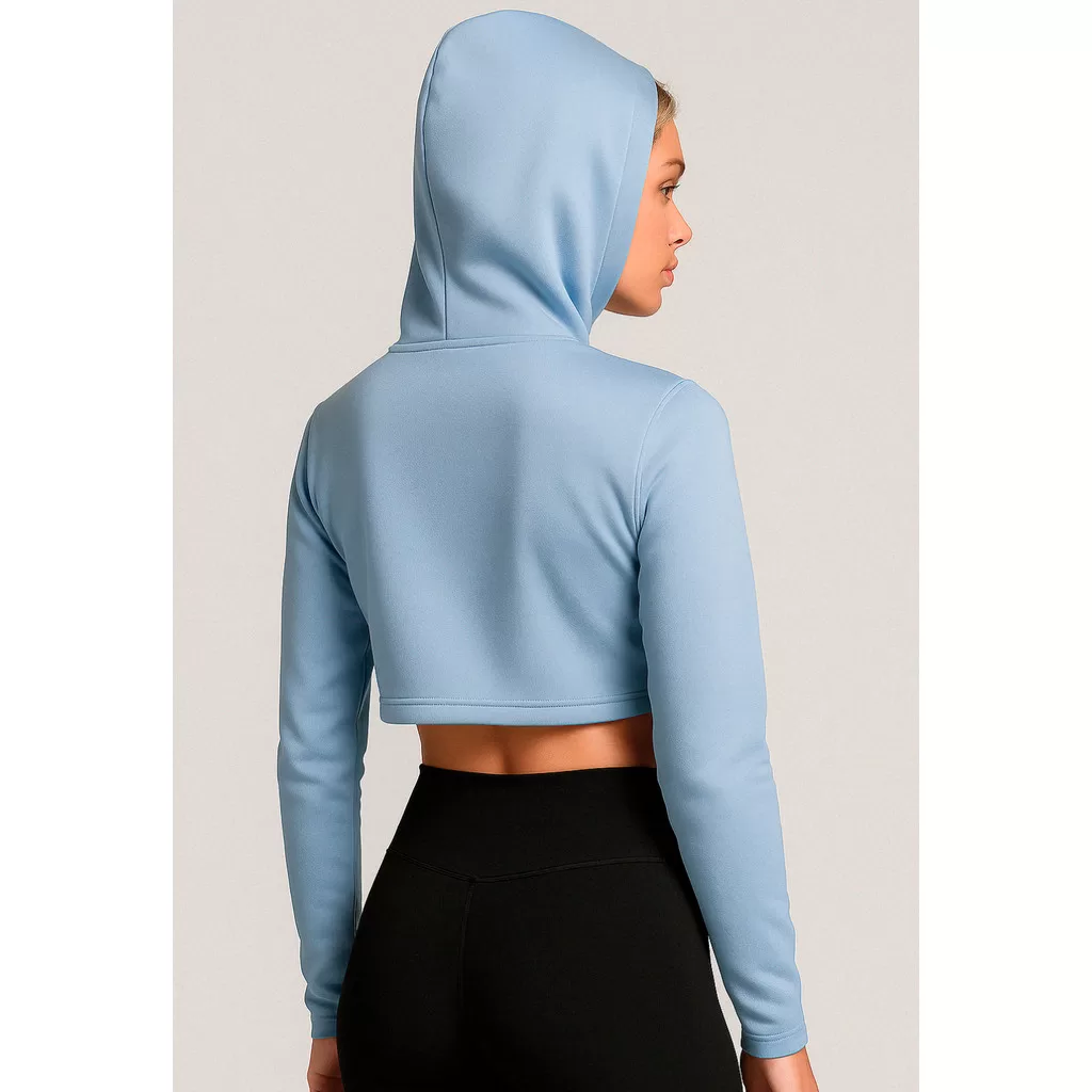 Blusa Moletinho Capuz Cropped Azul Claro Rise Inverno Frio Conforto AQN SPOR