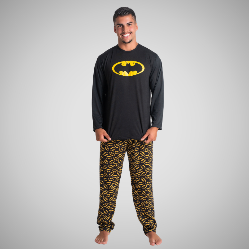 Pijama Masculino Super Herói Sortido Personagens Roupa De Dormir Frio Manga Longa Calça Linha Noite