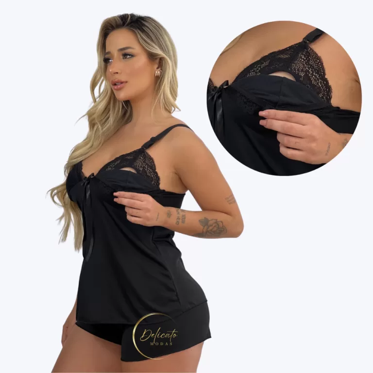 Pijama Amamentação Renda Confortável | Alça Re
