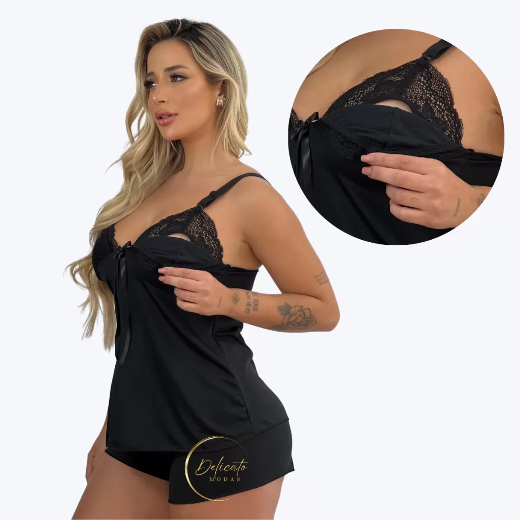 Pijama Feminino Amamentação Renda Alça Reforçada Pós-Parto Roupa de Dormir