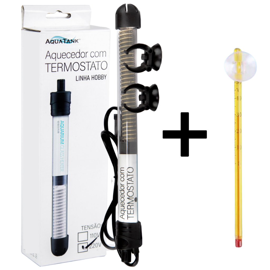 Termostato Aquecedor 200w com Termometro para aquarios até 200 Litros Linha Aquatank Hobby