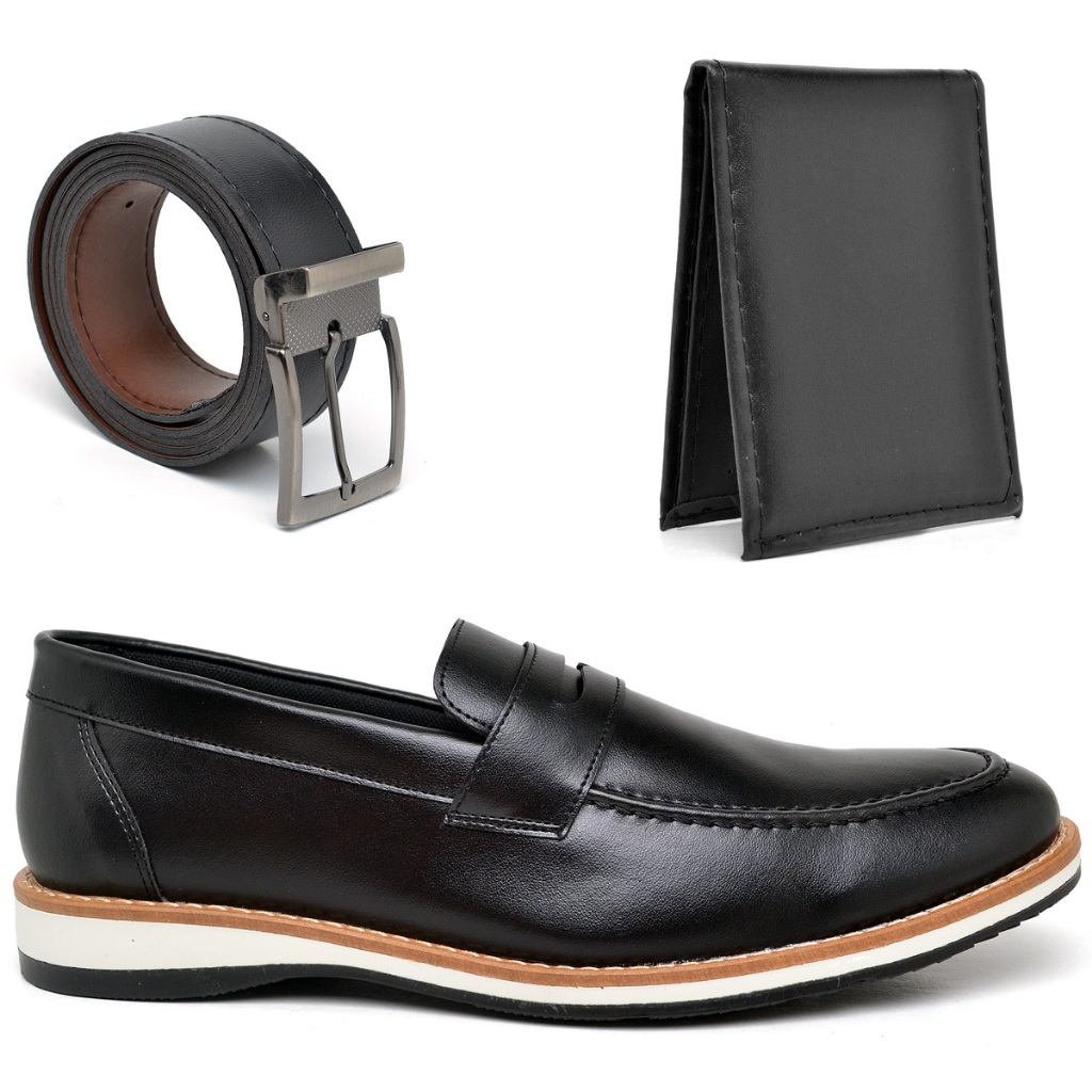 Kit Sapato Mocassim Masculino Casual Cinto Carteira Sapatenis Loafer Casamento Couro Pai Confortavel