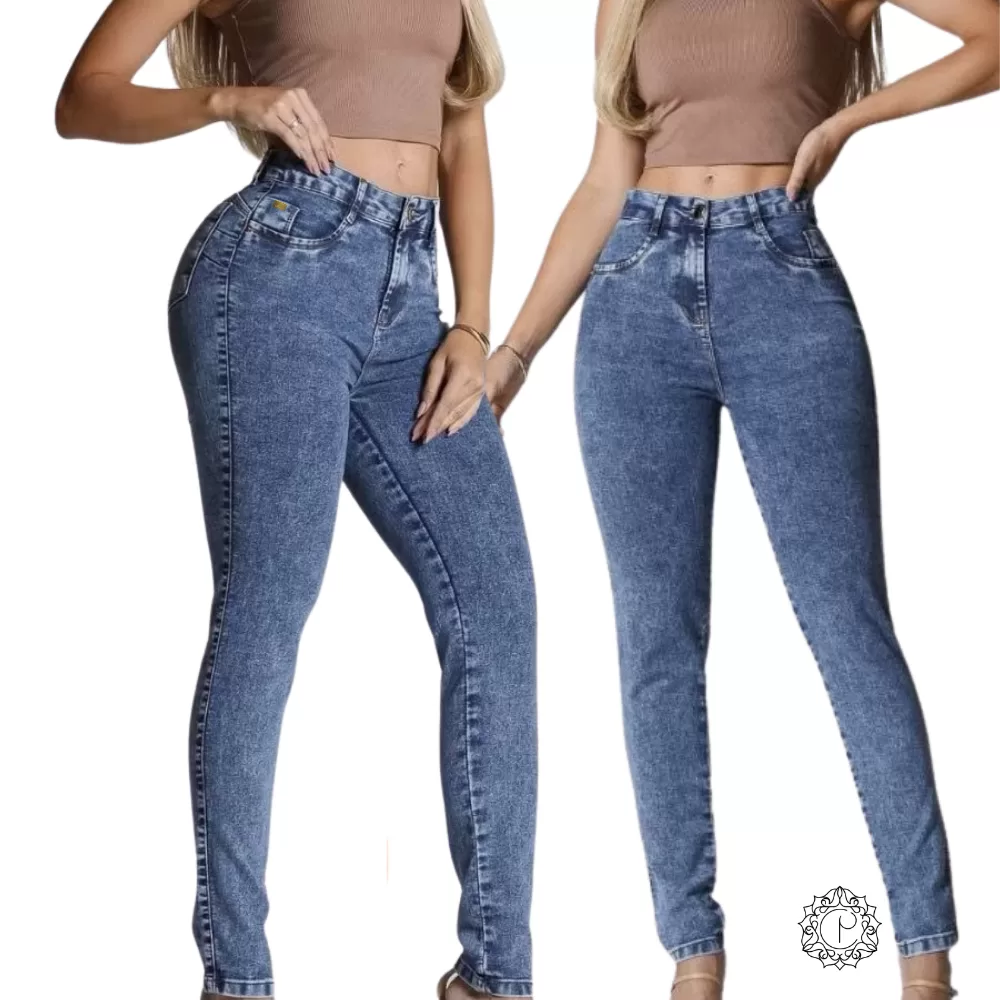 Calça Jeans Feminina Md Skinny Marmorizada  Elastano Cintura Alta Efeito Levanta Bumbum