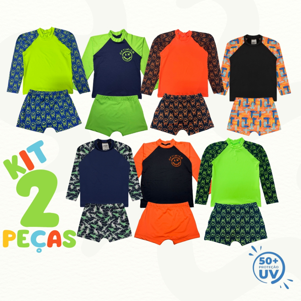 Conjunto Infantil Juvenil Moda Praia Menino Camisa Manga Longa e Sunga com Proteção UV50+
