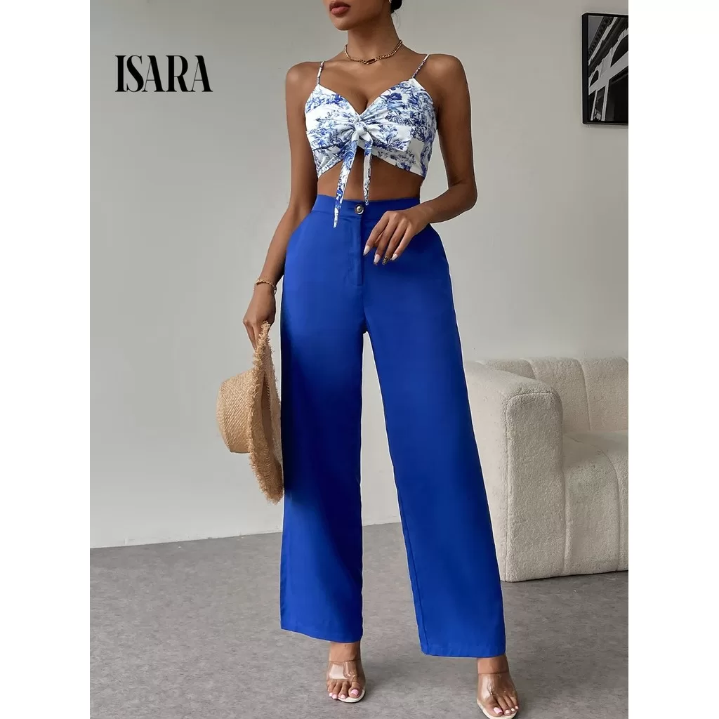 ISARA Conjunto social feminino, blusa estampada + calça pantalona de alfaiataria.