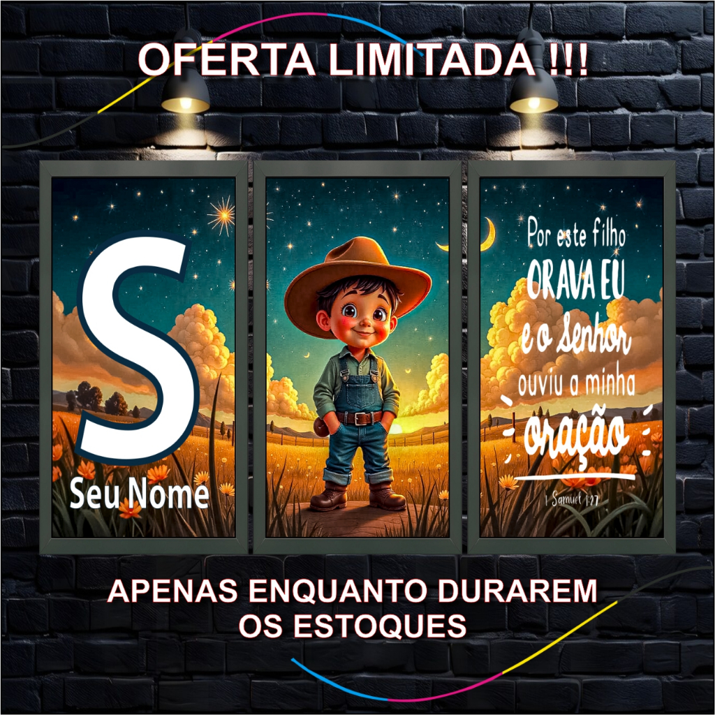 Quadro Decorativo Infantil Fazendeiro, 3 Painéis, Personalizado com Nome, Fazenda, Roça, cowboy