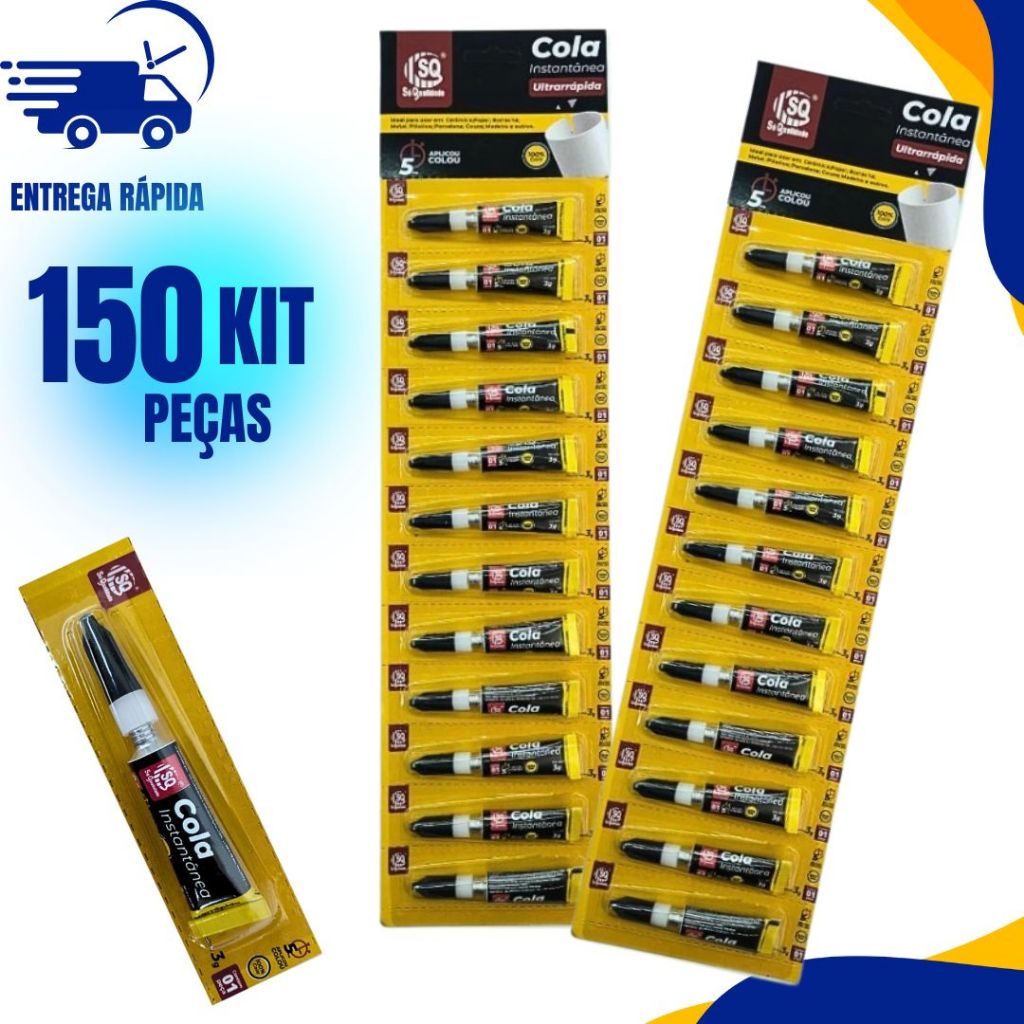 KIT 150 Super Cola Instantânea Tubo 3g Ultra Rápida Adesivo Transparente Uso Geral C/150 Ou 75 Unid