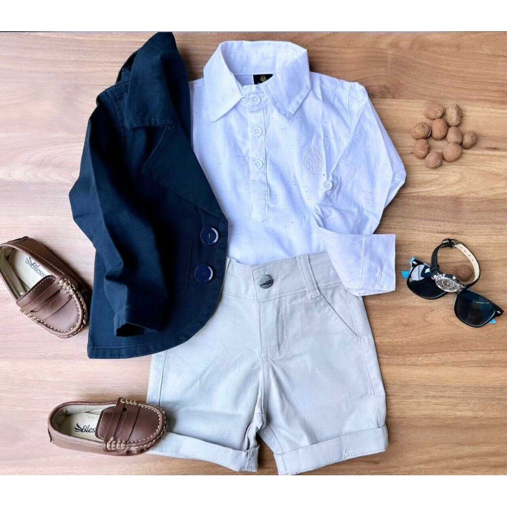 Bermuda Nude com Camisa Branca e Blazer Azul Marinho Infantil