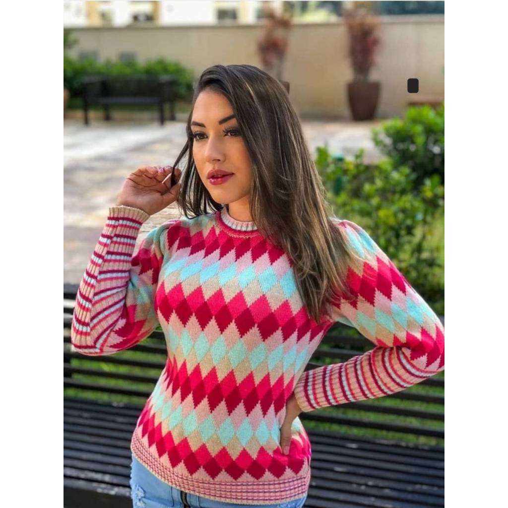 Suéter Feminino Tricot Estampa Argyle Manga Longa Inverno