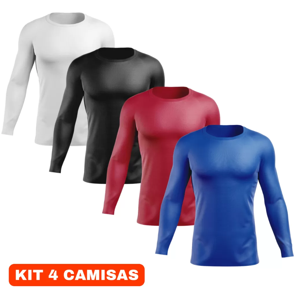 Kit 4 Camisas Masculino com Proteção UV 50+ Segunda Pele Manga Longa Praia Piscina Sol