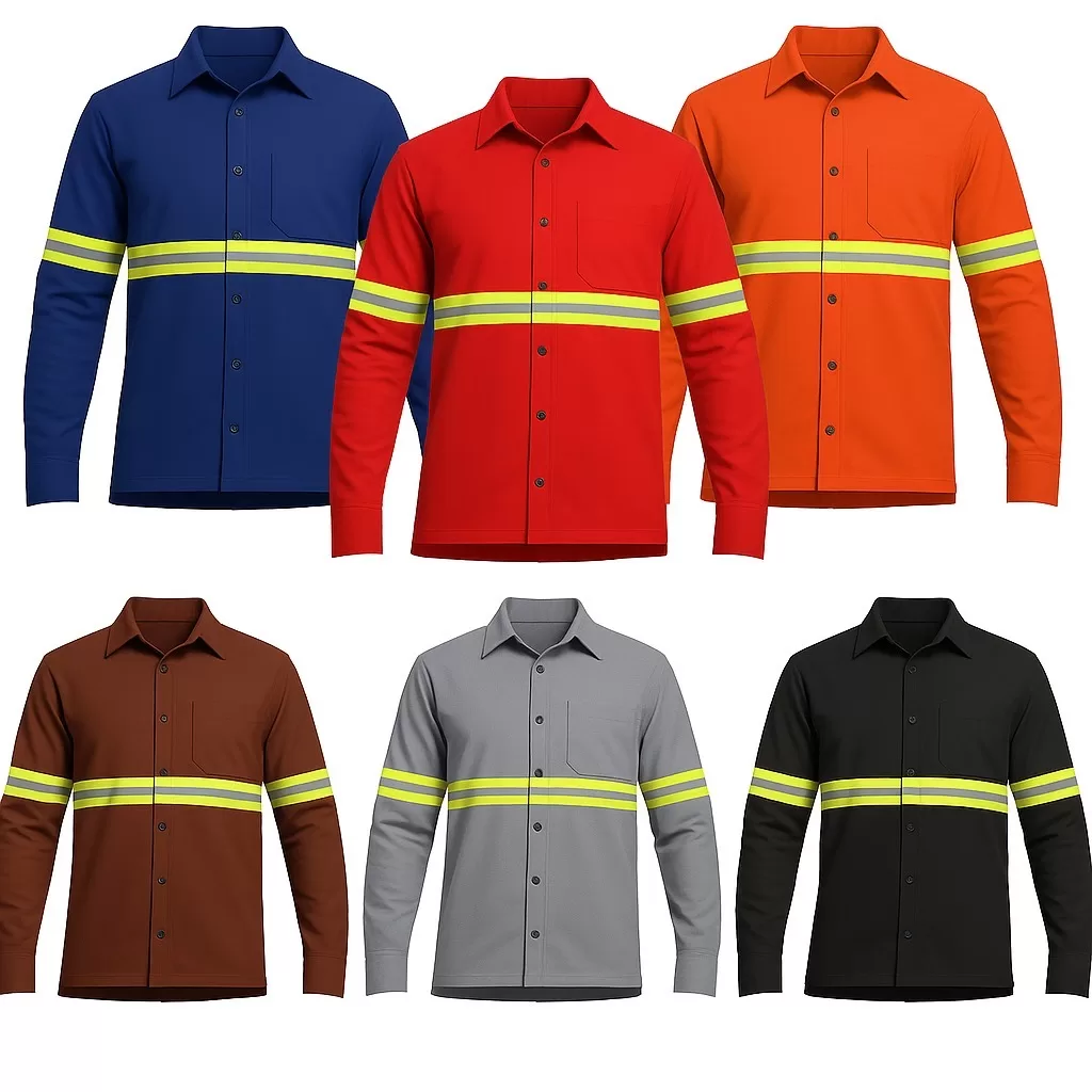 Camisa Brim Profissional Aberta Botão Faixa Refletiva Manga Longa para Trabalho Obra Serviços