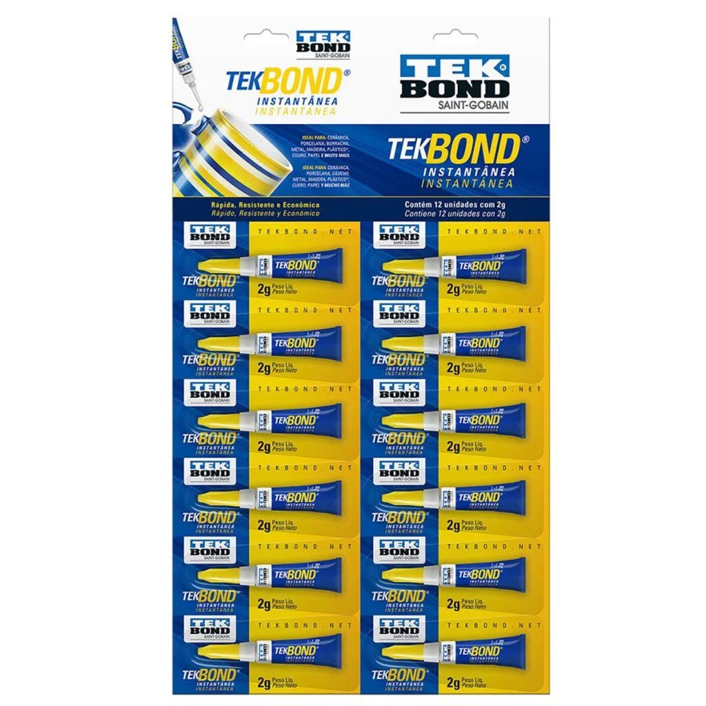 Kit 12 Tek Super Cola Tipo Super Bonder Instantanea Tekbond 2g Cartela