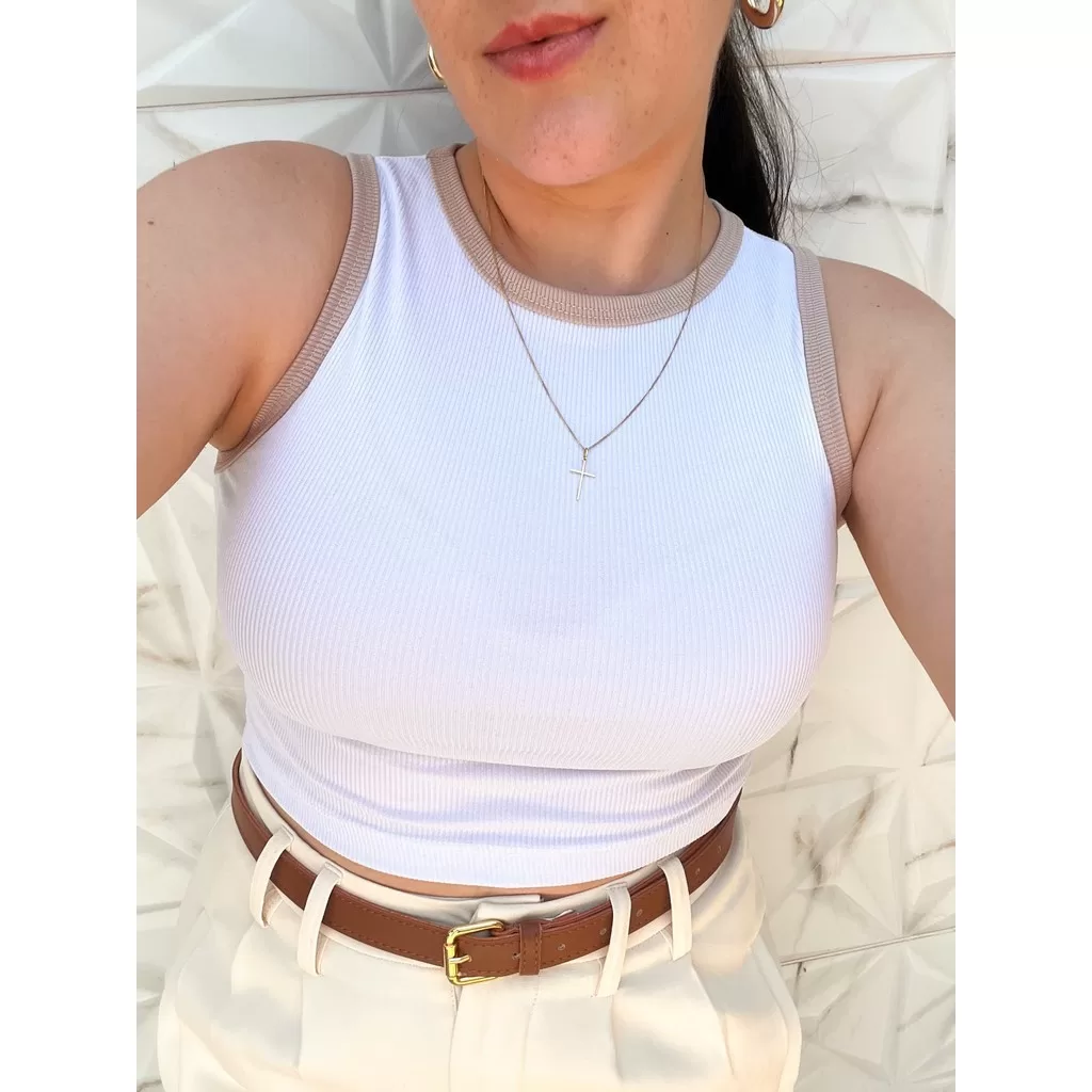 Cropped Canelado Gola Redonda Feminino Listrado Elegante Verão Tendência Blusinha