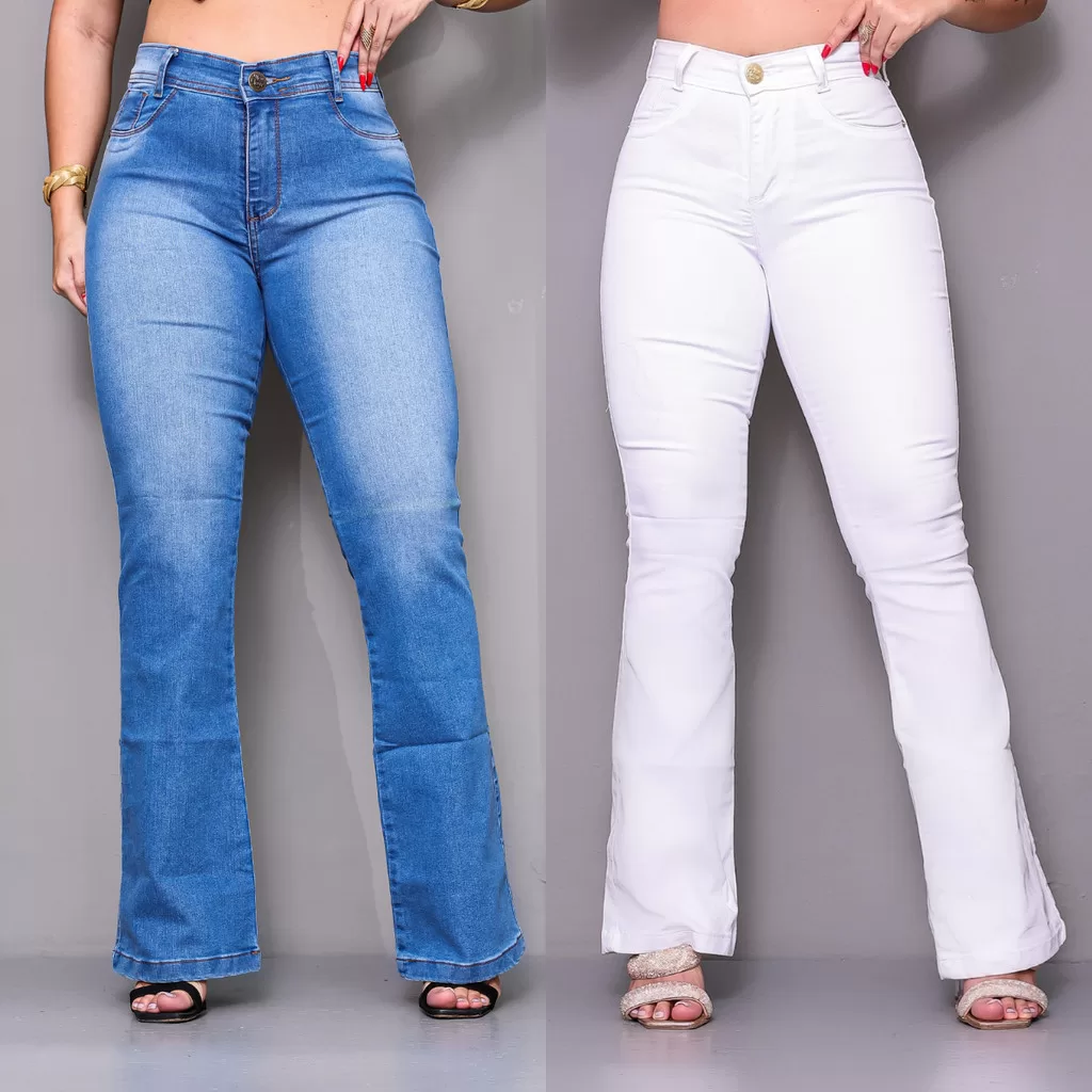 Kit 2 Calças Jeans Flare Feminina Cintura Alta Levanta Bumbum com Elastano Boca Larga 36 ao 46