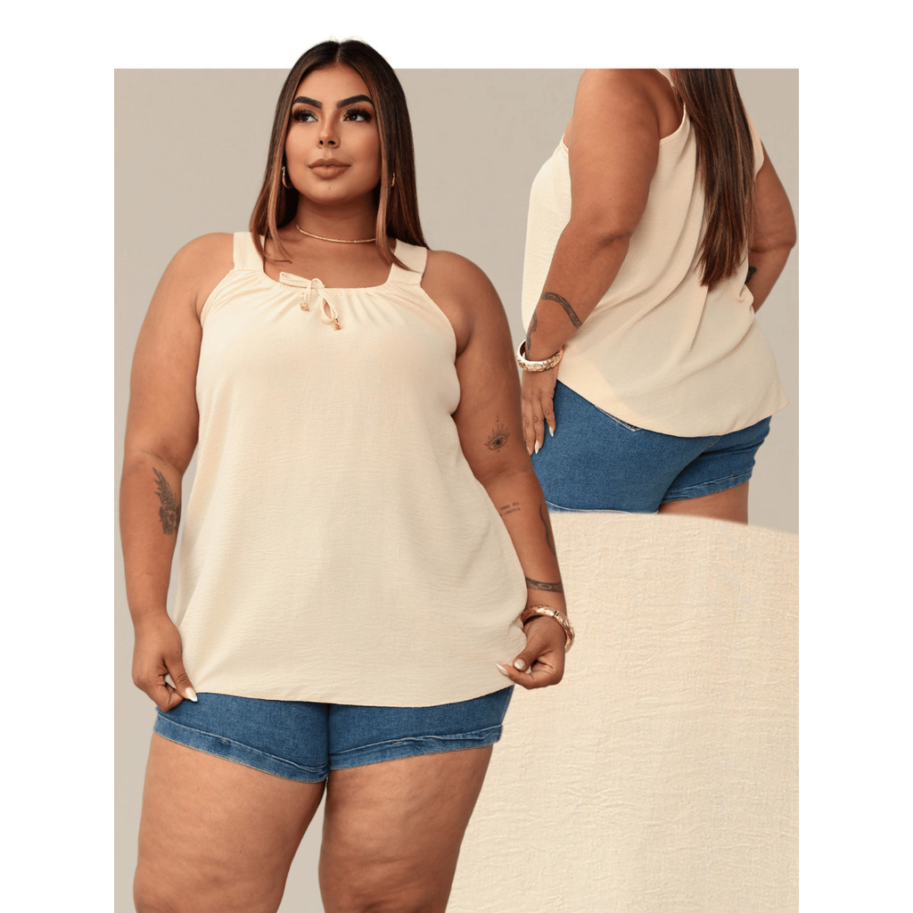 Blusa Regata Feminina Plus Size Elastico Na Gola Com Ponteira Dourada Tendencia