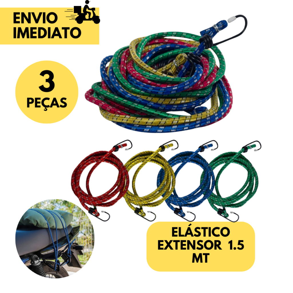 Kit 3 Corda Elástica p/ Bagageiro com 2 Ganchos Tam 1,50mt x 8mm Moto Motoboy Amarrar Bagagens Bike