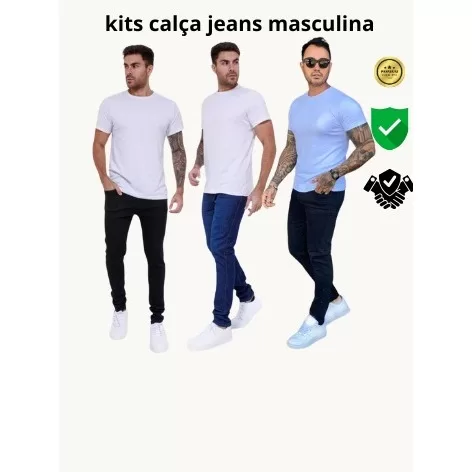 Kit 3 calças jeans masculina skinny  com elastano