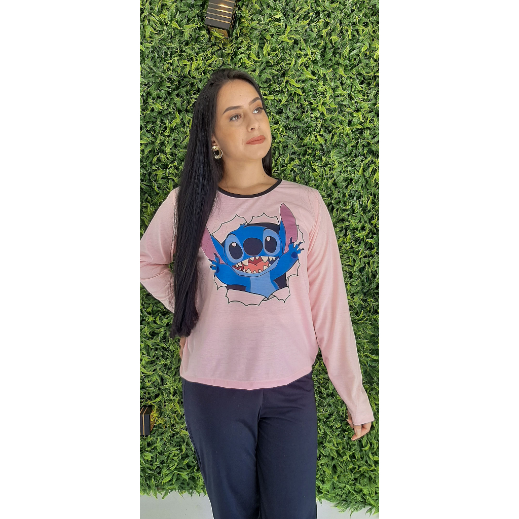 Pijama Feminino Adulto Estação De Frio Desenho Stitch