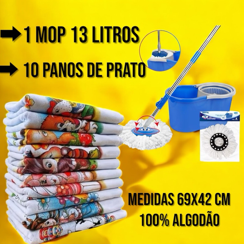 Kit Mop 13 Litros e 10 Panos de Prato 69cm X 42cm 100% Algodão Mop possui Rodinhas e Dispenser Água
