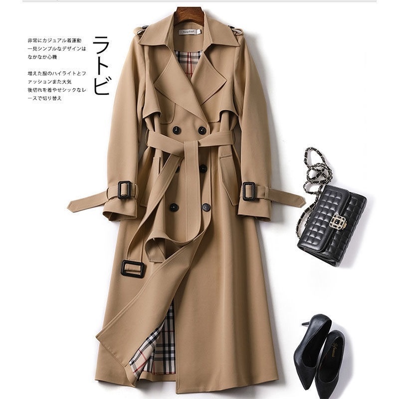 Médio Longo Cáqui trench coat Mulheres Outono Inverno Manga Comprida double breasted windbreaker Cas