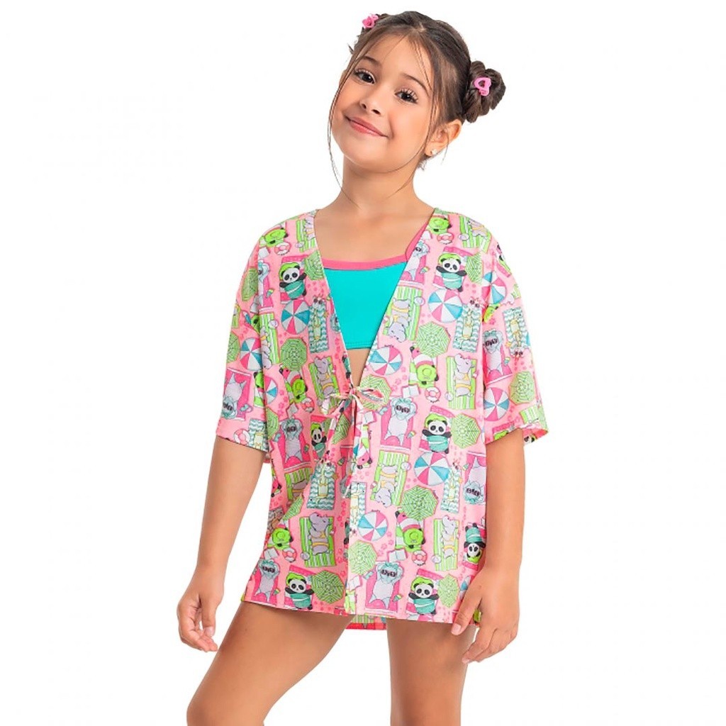 Saída de Praia Kimono Infantil Menina Proteção UV Rosa Panda Quimby Tamanho 3