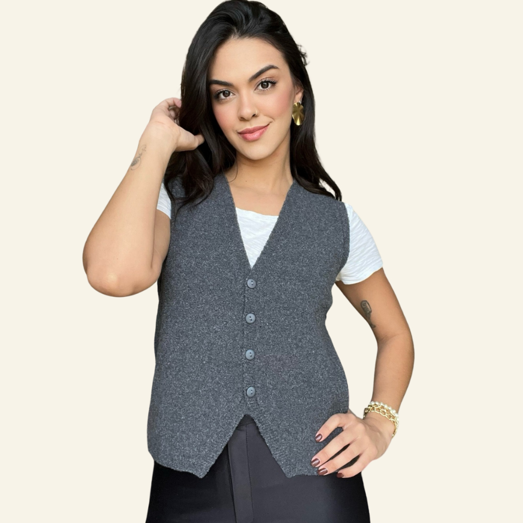 Colete Social Decote em V de Tricô com Botões Moda Outono/Inverno  SKU365