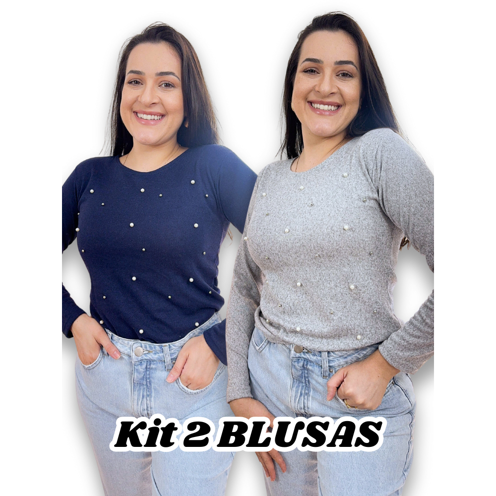 kit 2 Blusa de Lãnzinha com Pérolas Feminina Blusinha Manga Longa Suéter