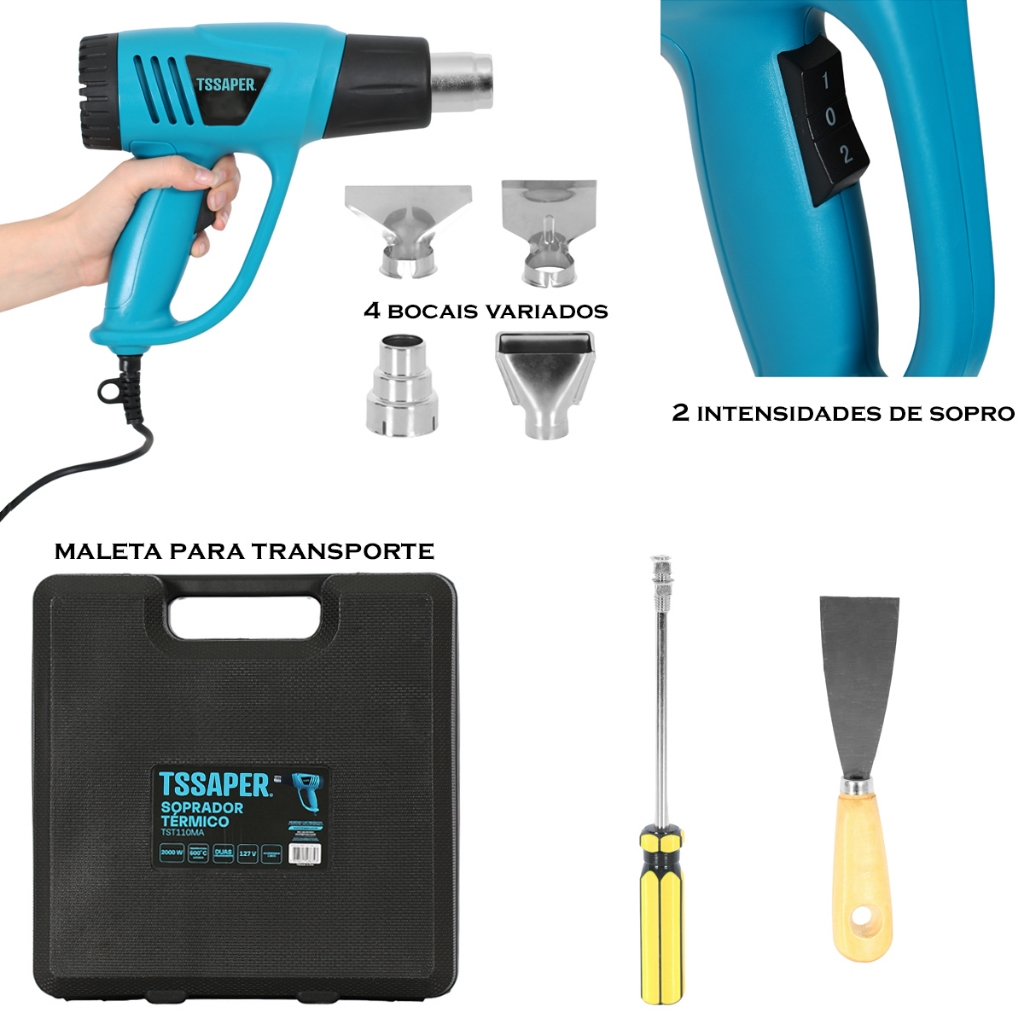 Soprador térmico 2000w 2 velocidades com Maleta e Acessórios Tssaper