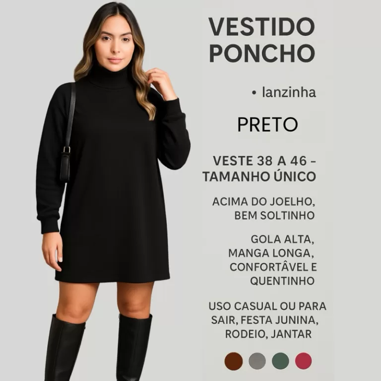Vestido Feminino Poncho Lã Manga Longa Tricot Gol