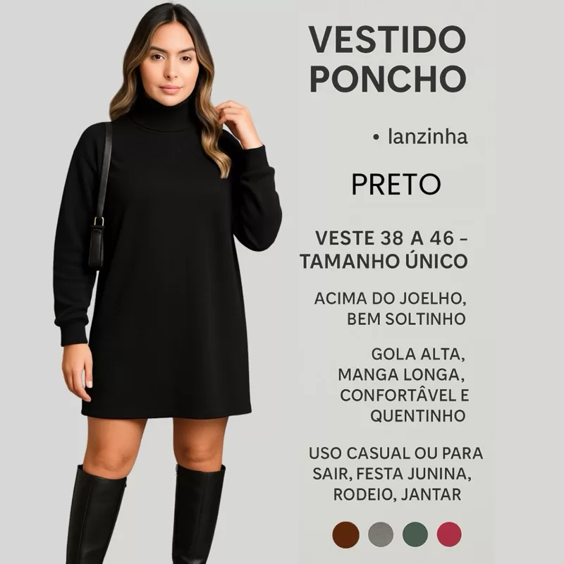 Vestido Feminino Poncho Lã Manga Longa Tricot Gola Alta Frio festa junina  frio inverno quentinho mo