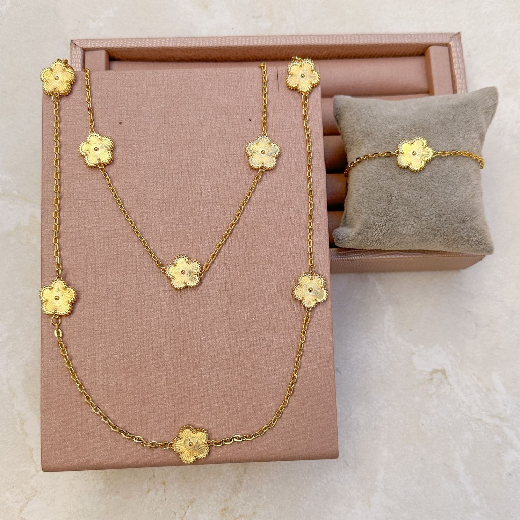 [ SEMI JOIA ] Kit Colares + Pulseira Trevo Flor Delicado Feminina Banhado a Ouro 18k Alto Padrão