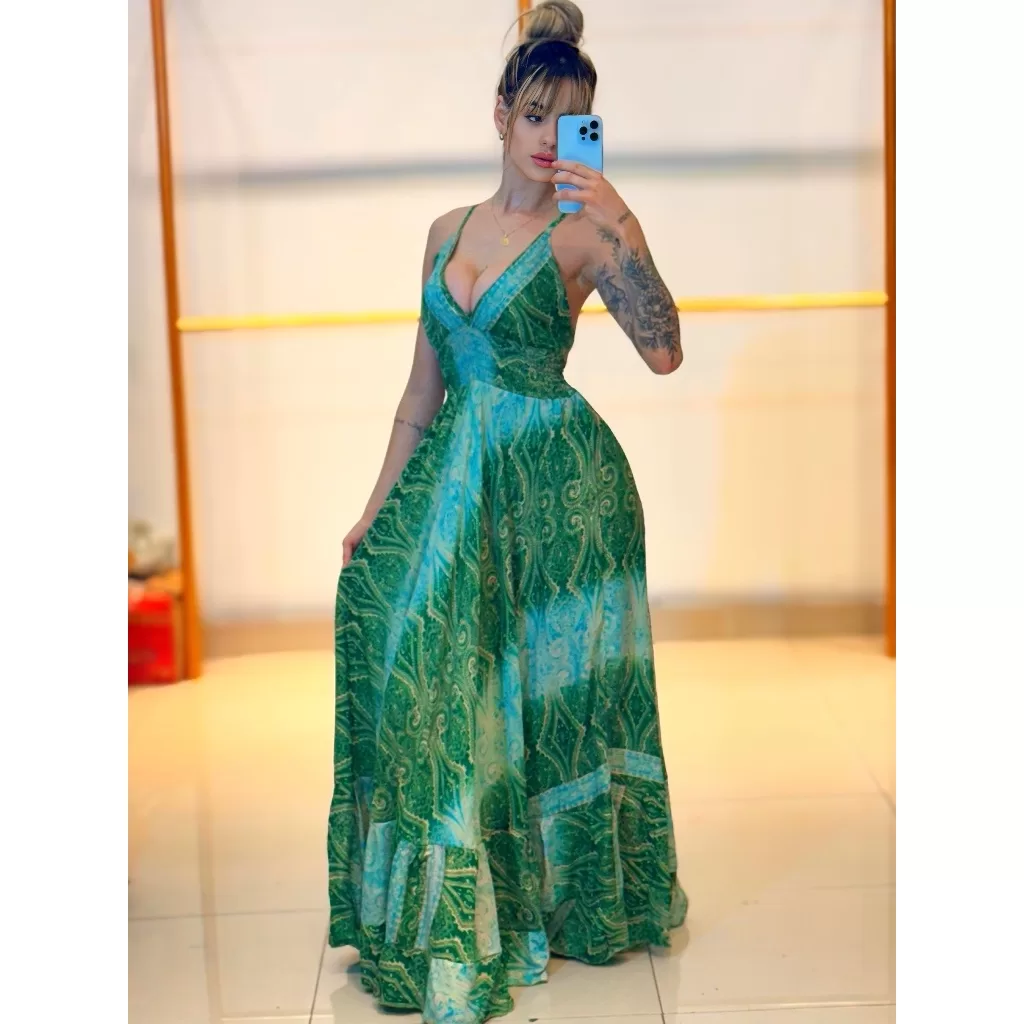 Vestido Boho longo festa elegante feminino com alça estampado tecido seda indiano casamento, civil,