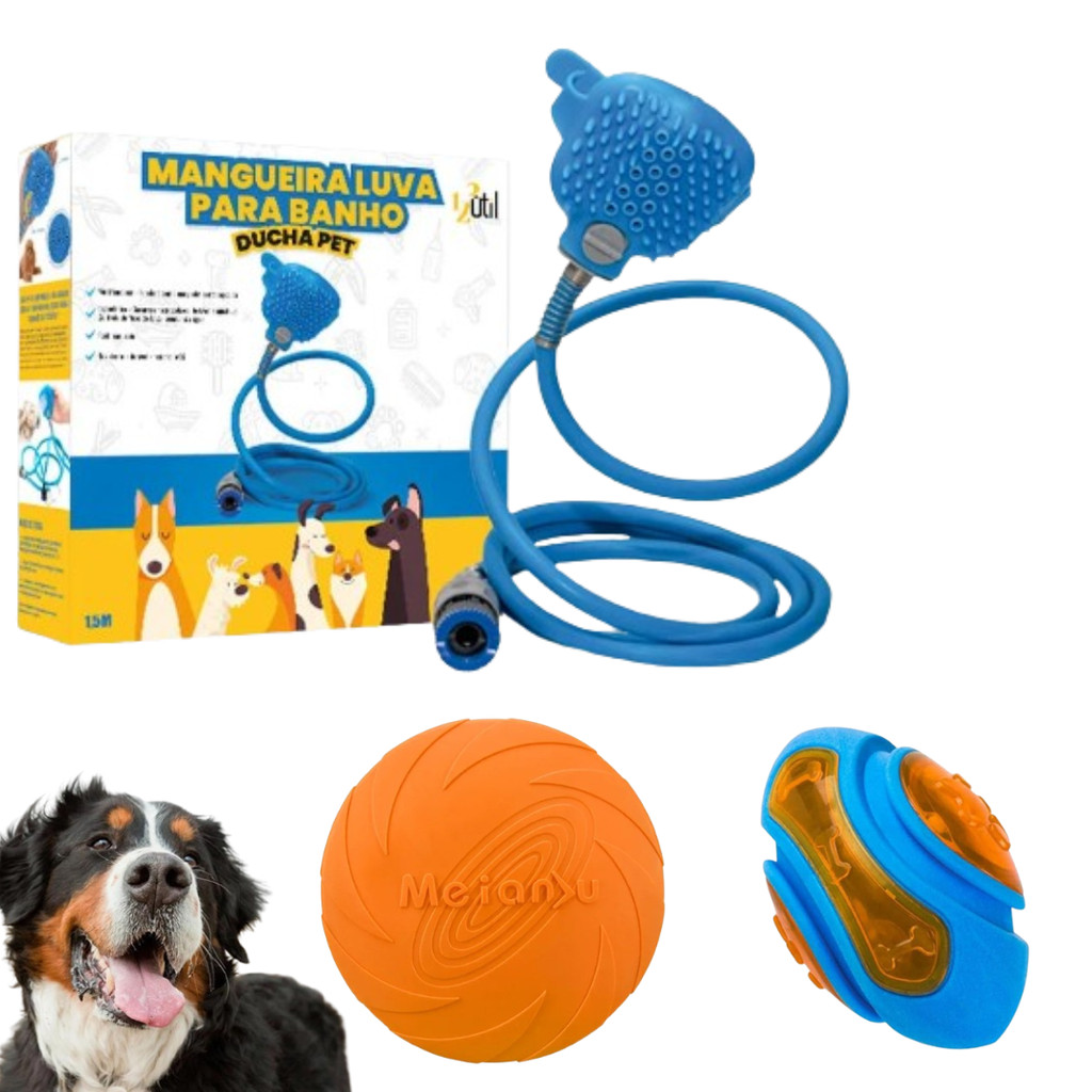 Kit Brinquedo pet  Mordedor  Frisbee e Mangueira banho