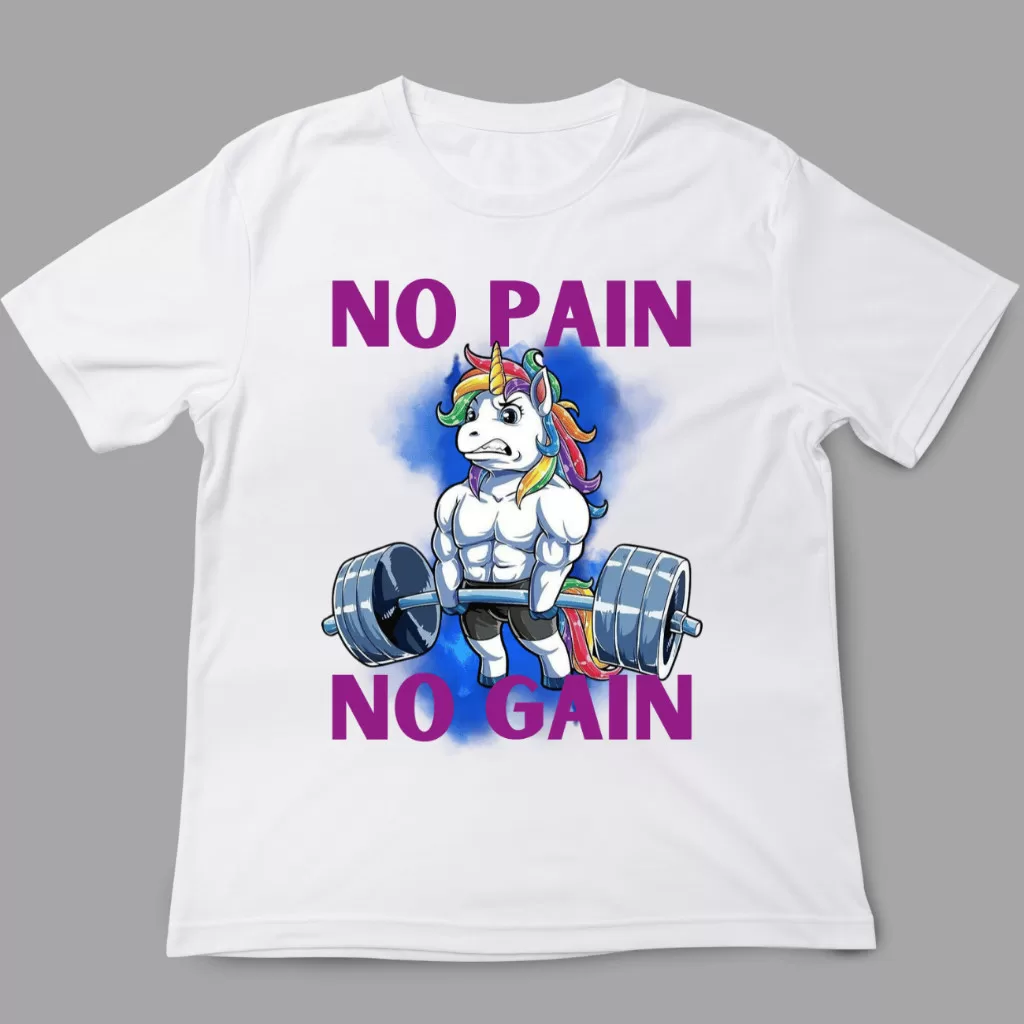 Camiseta Academia fitness – No Pain No Gain  – Academia, Treino ,Musculação ,Unicórnio