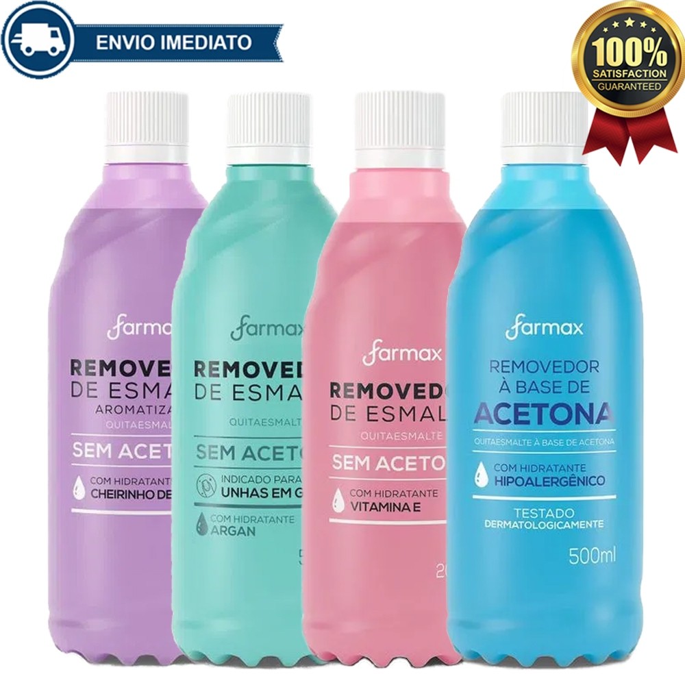 Removedor Sem Acetona Farmax 500ml Vit E, Uva e Argan P/ Retirar Esmalte de Unha Gel Envio Imediato