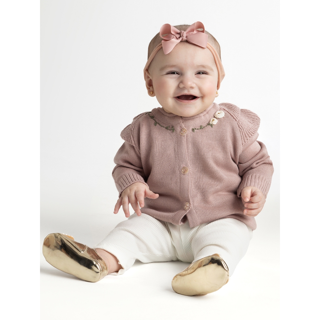 Cardigã Tricô Bebê Menina Flores Bordado à Mão  Botões Dourados Inverno