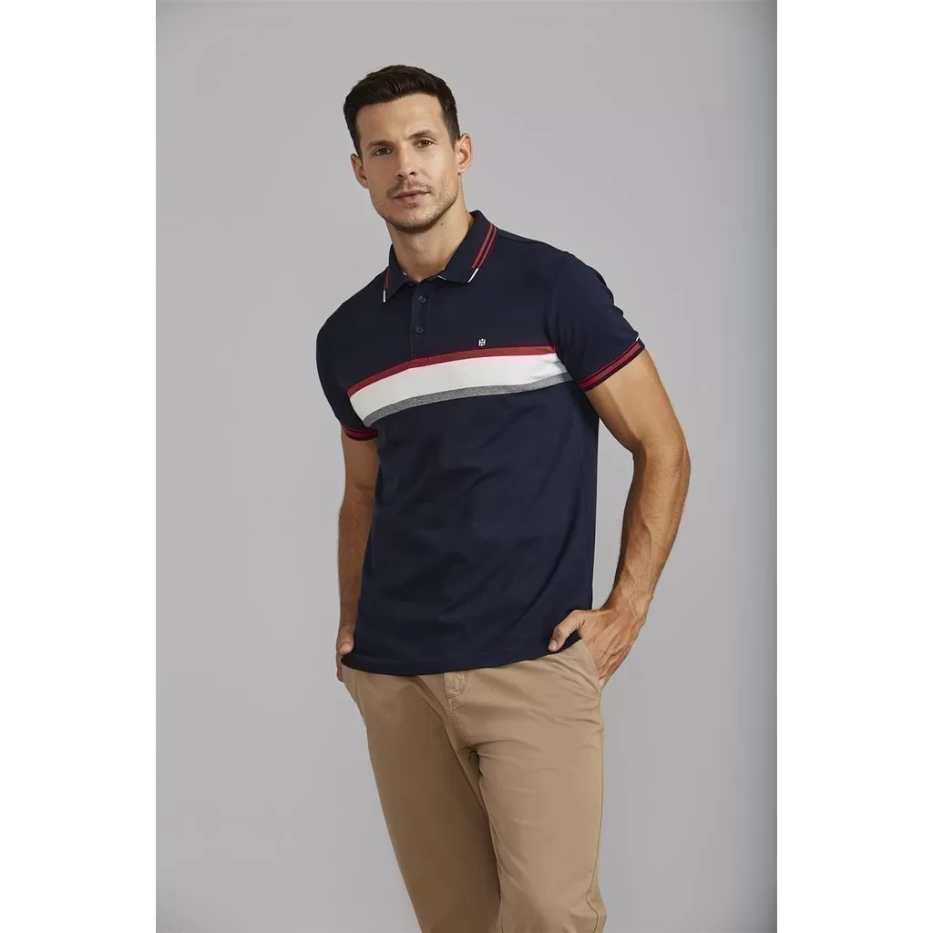 Polo Malha Slim Fit – Azul Marinho / Creme